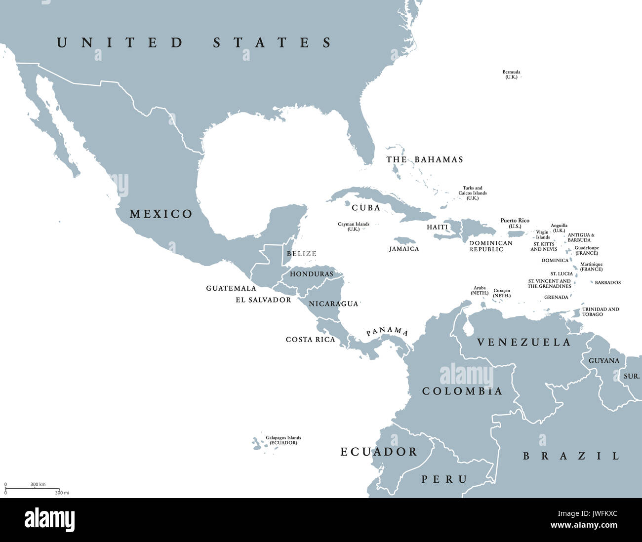 Carte politique de l'Amérique moyenne avec des frontières et de l'anglais à l'étiquetage. Pays du sud de l'Amérique du Nord, les nations d'Amérique centrale et les Caraïbes. Banque D'Images