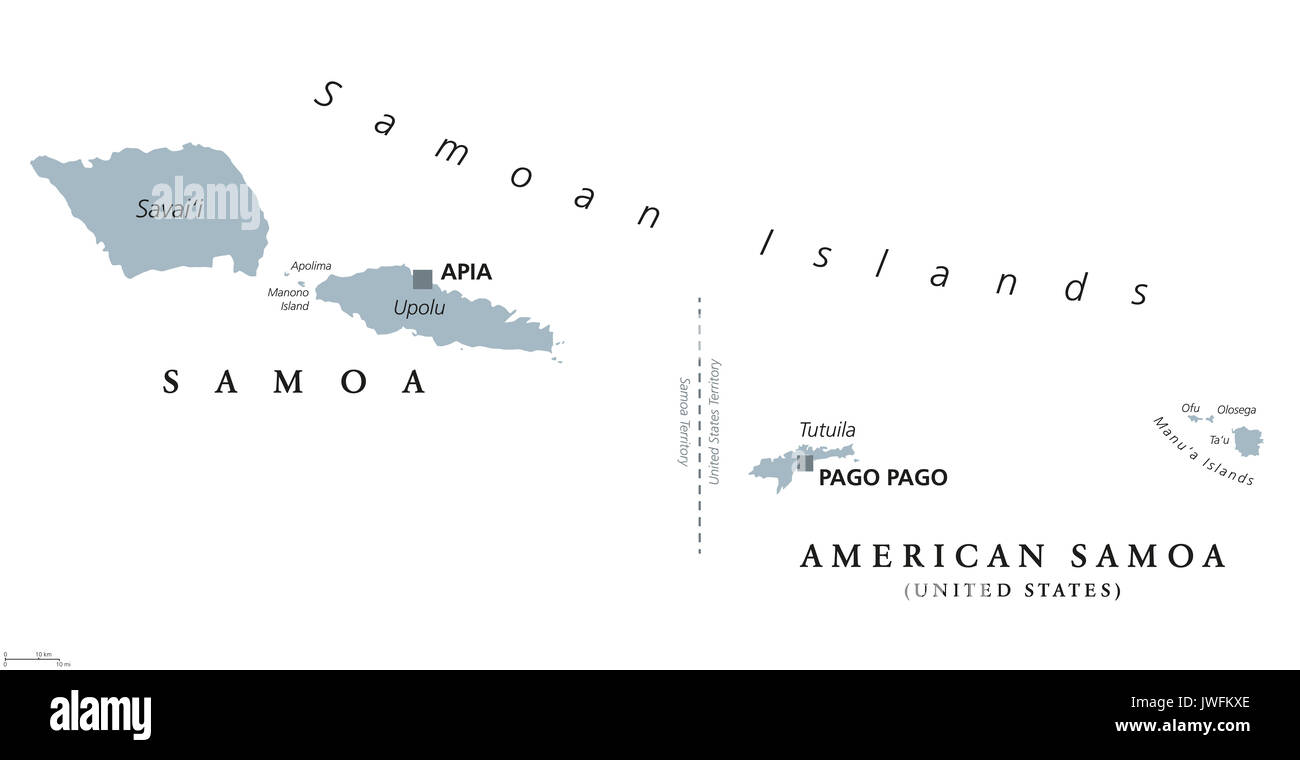 Samoa carte politique avec l'anglais à l'étiquetage. Samoa et les Samoa américaines. Archipel dans l'océan Pacifique central, une partie de la Polynésie et Océanie. Banque D'Images