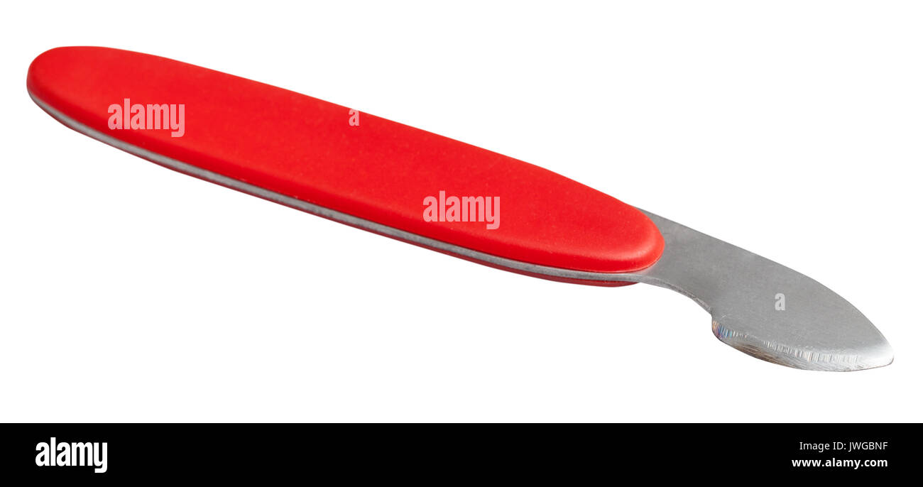 Atelier horloger - l'ouvreur avec poignée rouge pour ouvrir le couvercle arrière d'une montre-bracelet isolé sur fond blanc Banque D'Images