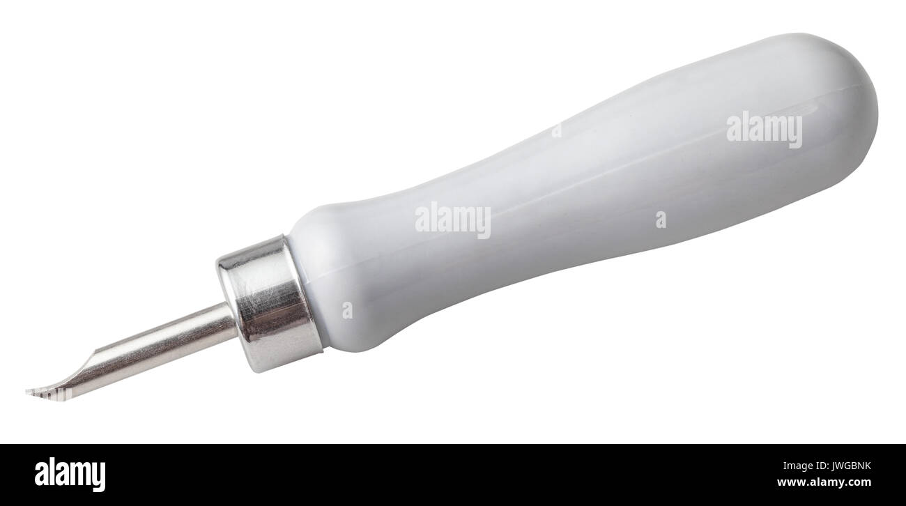 Atelier horloger - l'ouvreur avec pointe courbée pour ouvrir le couvercle arrière d'une montre-bracelet isolé sur fond blanc Banque D'Images