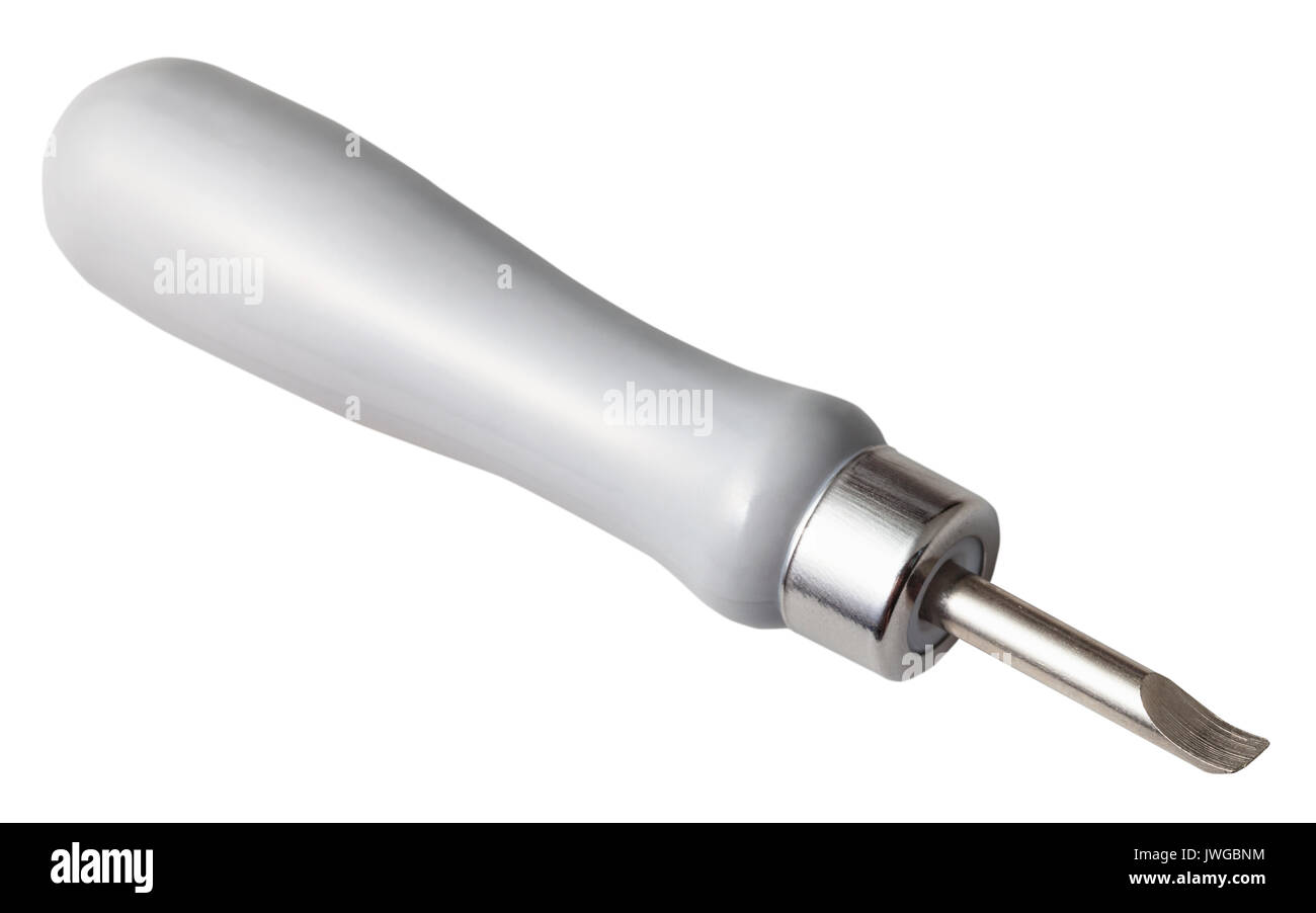 Atelier horloger - outil avec pointe courbée pour ouvrir le couvercle arrière d'une montre-bracelet isolé sur fond blanc Banque D'Images