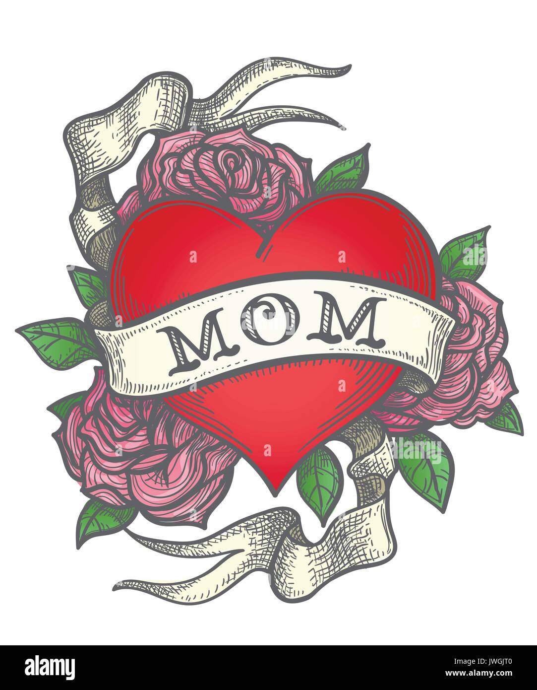 Coeur rose avec fleurs et ruban avec libellé maman. Tatouage Retro vector illustration Illustration de Vecteur