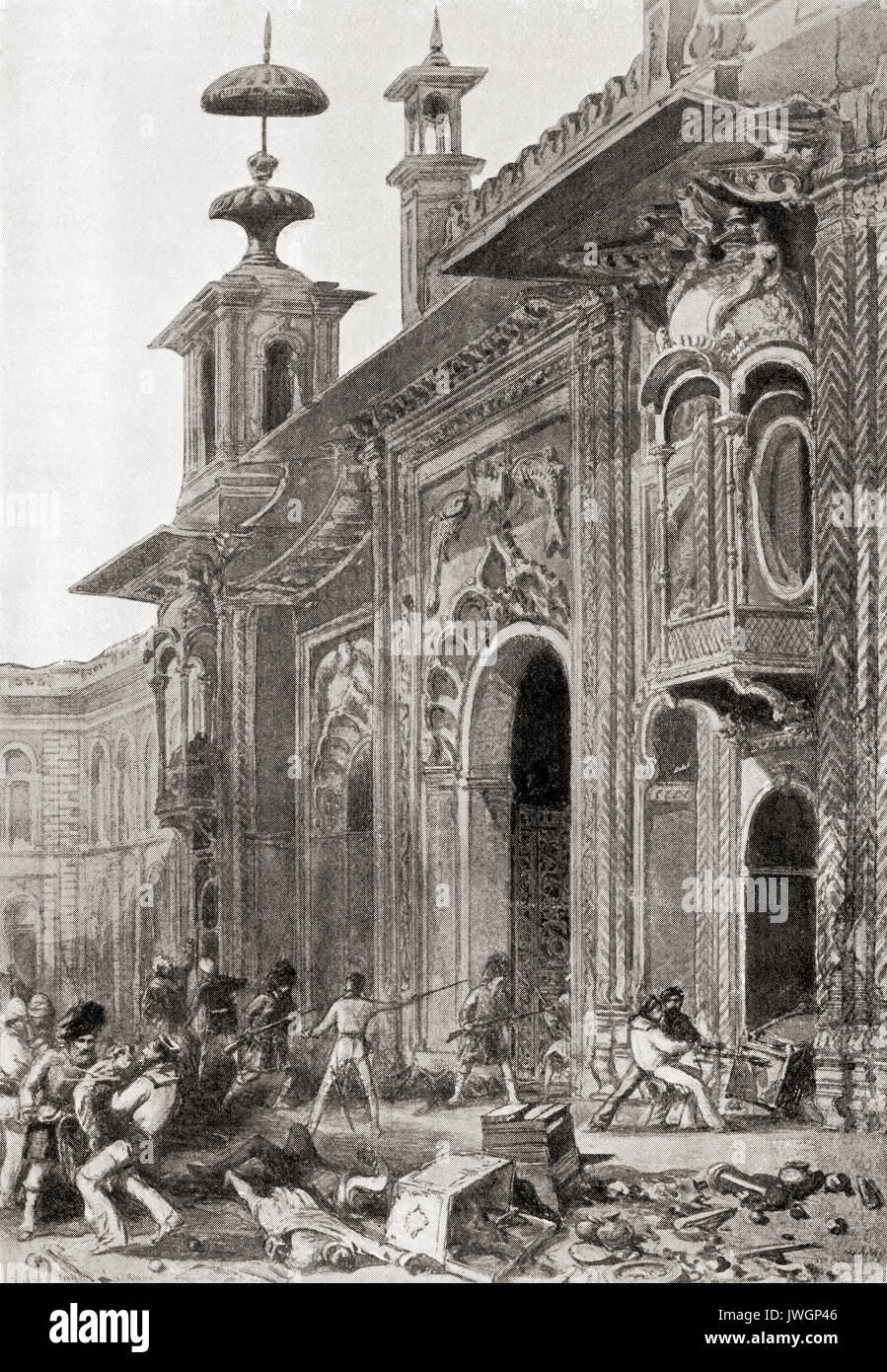 Les pillages des soldats britanniques Qaisar Bagh Palace, Lucknow, Uttar Pradesh, Inde après sa récupération en 1857. L'histoire de Hutchinson de l'ONU, publié en 1915. Banque D'Images