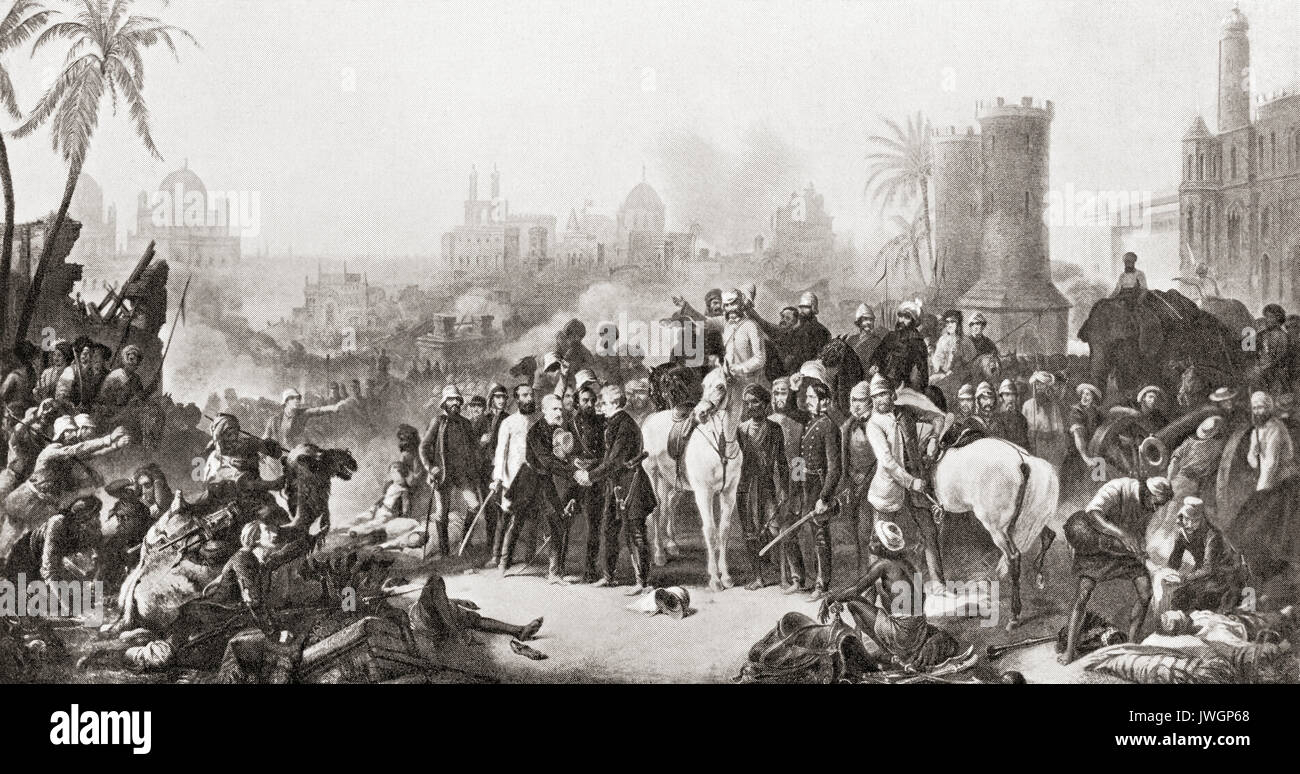 La réunion de Sir Colin Campbell à Havelock et Outram au deuxième soulagement de Lucknow, 1857. Le Maréchal Colin Campbell, premier baron de Clyde, 1792 - 1863. Officier de l'armée britannique. Le Major-général Sir Henry Havelock, 1795 - 1857. Le général britannique. Le lieutenant-général sir James Outram, 1 baronnet, 1803 -1863. L'anglais général. L'histoire de Hutchinson de l'ONU, publié en 1915. Banque D'Images