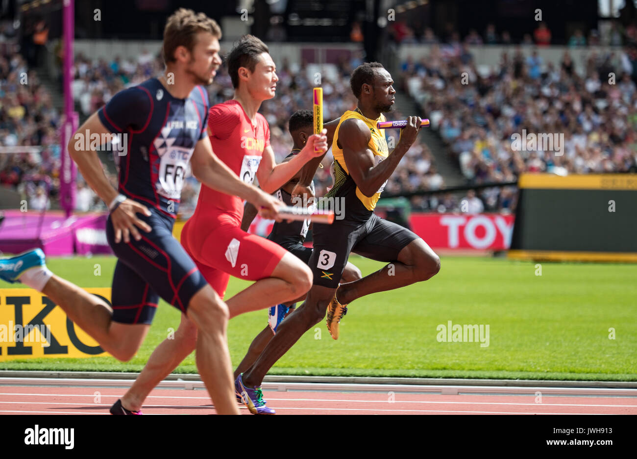 Londres, Royaume-Uni. 12Th Aug 2017. Usain Bolt de la Jamaïque s'exécute l'étape finale du 4x100 mètres lors des Championnats mondiaux d'athlétisme 2017 au jour 9 du Parc olympique, Londres, Angleterre le 12 août 2017. Photo par Andy Rowland/Premier Images des médias. Crédit : Andrew Rowland/Alamy Live News Banque D'Images
