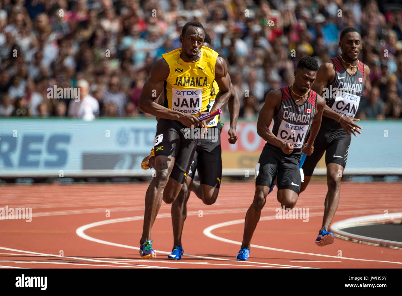 Usain Bolt de la Jamaïque s'exécute l'étape finale du 4x100m la chaleur durant les championnats du monde d'athlétisme 2017 au jour 9 du Parc olympique, Londres, Angleterre le 12 août 2017. Photo par Andy Rowland / premier Images des médias. Banque D'Images