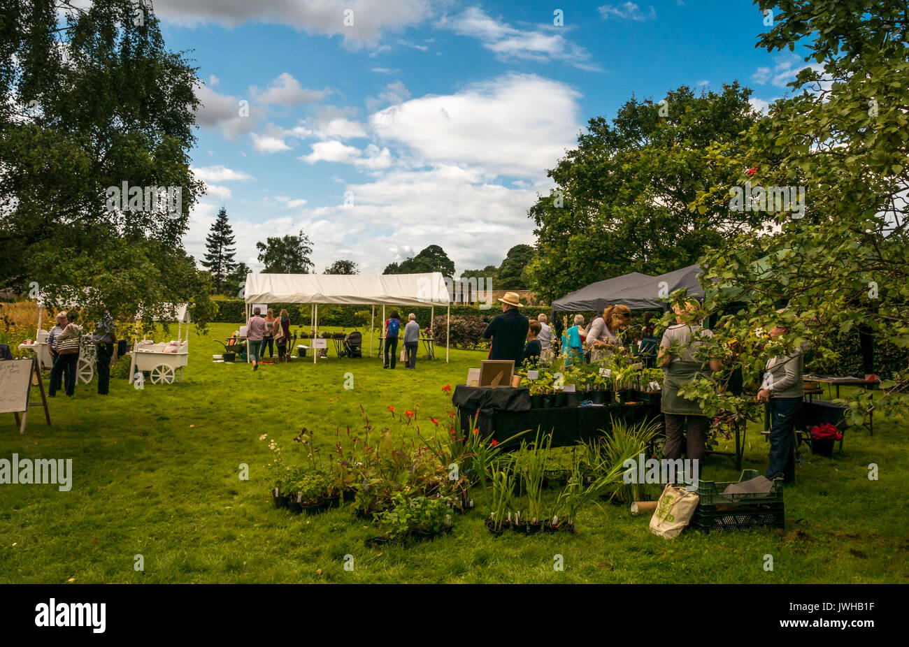 Haddington, East Lothian, Ecosse, Royaume-Uni, le 12 août 2017. Les stalles et les visiteurs au 18e siècle Amisfield jardin clos sur l'Open Day. Amisfield est un jardin communautaire géré par le Amisfield Preservation Trust et des bénévoles. Il a été restauré à partir d'un mauvais état en une communauté prospère. Le nombre de visiteurs augmentent chaque année. Stand à la journée portes ouvertes. Banque D'Images