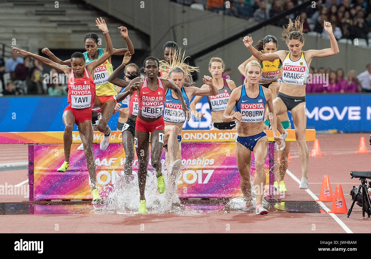 Londres, Grossbritannien. Août 11, 2017. Das fui suis Wassergraben, Pulk, V.R. Gesa Felicitas Krause, Deutschland, Siegerin Emma Coburn (USA/ 1.Platz), Courtney Frerichs (USA/ 2.Platz), Ruth Jebet (BRN/ 5.Platz), Winfred Mutile Yavi (BRN), action, Finale 3000m récif der Frauen, am 09.08.2017 Leichtathletik Weltmeisterschaft 2017 à Londres/ Grossbritannien, vom 04.08. - 13.08.2017. | Verwendung weltweit Credit : dpa/Alamy Live News Banque D'Images