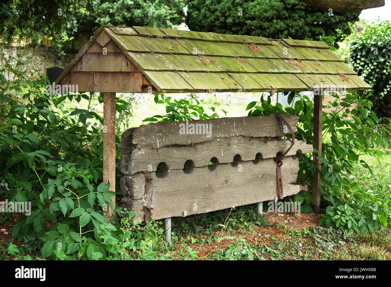 United Kingdom. L'Angleterre. Le Somerset. Ancien conservé dans les stocks de bois Creech cimetière Saint Michel. Banque D'Images