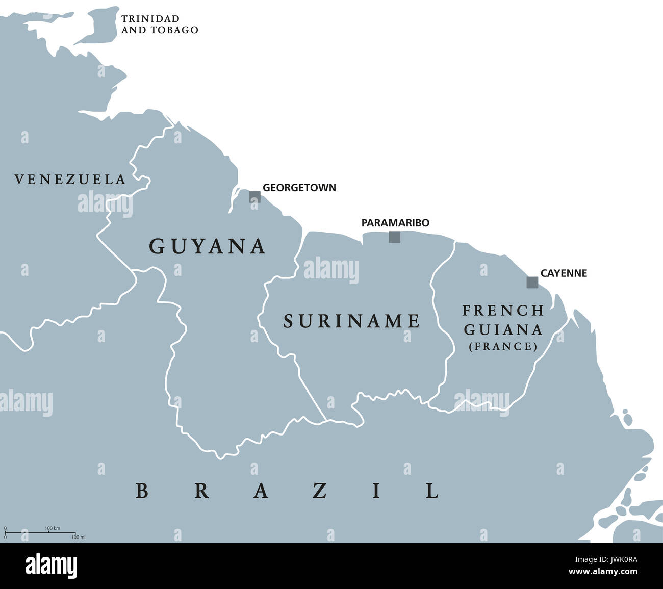 Le Guyana, le Suriname et la Guyane française carte politique avec les capitales, Paramaribo Georgetown et de Cayenne. L'étiquetage en anglais. Les Guayanas. L'illustration. Banque D'Images