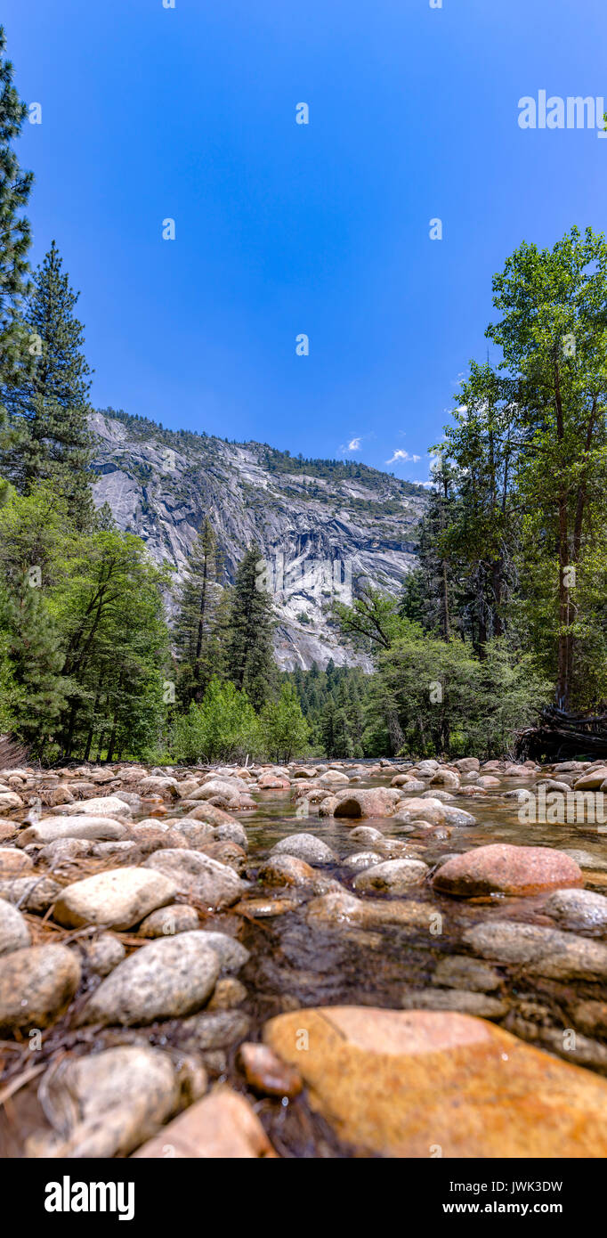 Stream In Yosemite avec petits fonds rocheux. Des cours d'eau à Yosemite avec la forêt entourant Banque D'Images