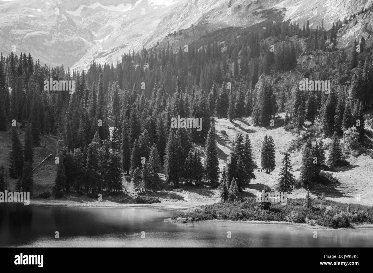 Magnifique lac dans les Alpes autrichiennes (B&W) Banque D'Images
