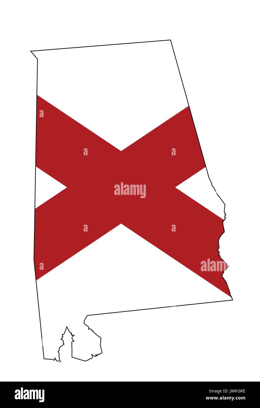Carte de l'état de l'Alabama aperçu sur un fond blanc avec drapeau l'Encart Illustration de Vecteur