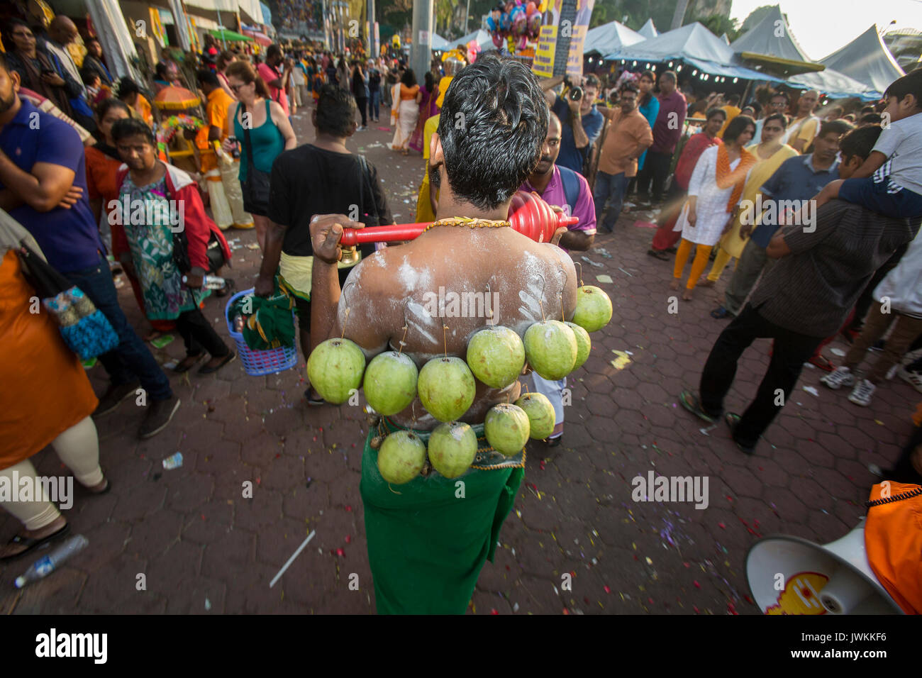 Un hindou adorateur porte des fruits accrochés à sa peau comme un acte de sacrifice de soi pendant l'Thaipusam fête hindoue à Batu Caves temple à Kuala Lumpur. Thaipusam, une fête qui honore le dieu Murugan, est censé apporter santé et prospérité à des pèlerins prêts à faire le voyage jusqu'au temple et donner des offrandes. La Malaysian Thaipusam est le plus grand festival du genre au monde, avec plus de 1,5 millions de pèlerins et touristes présents. Banque D'Images