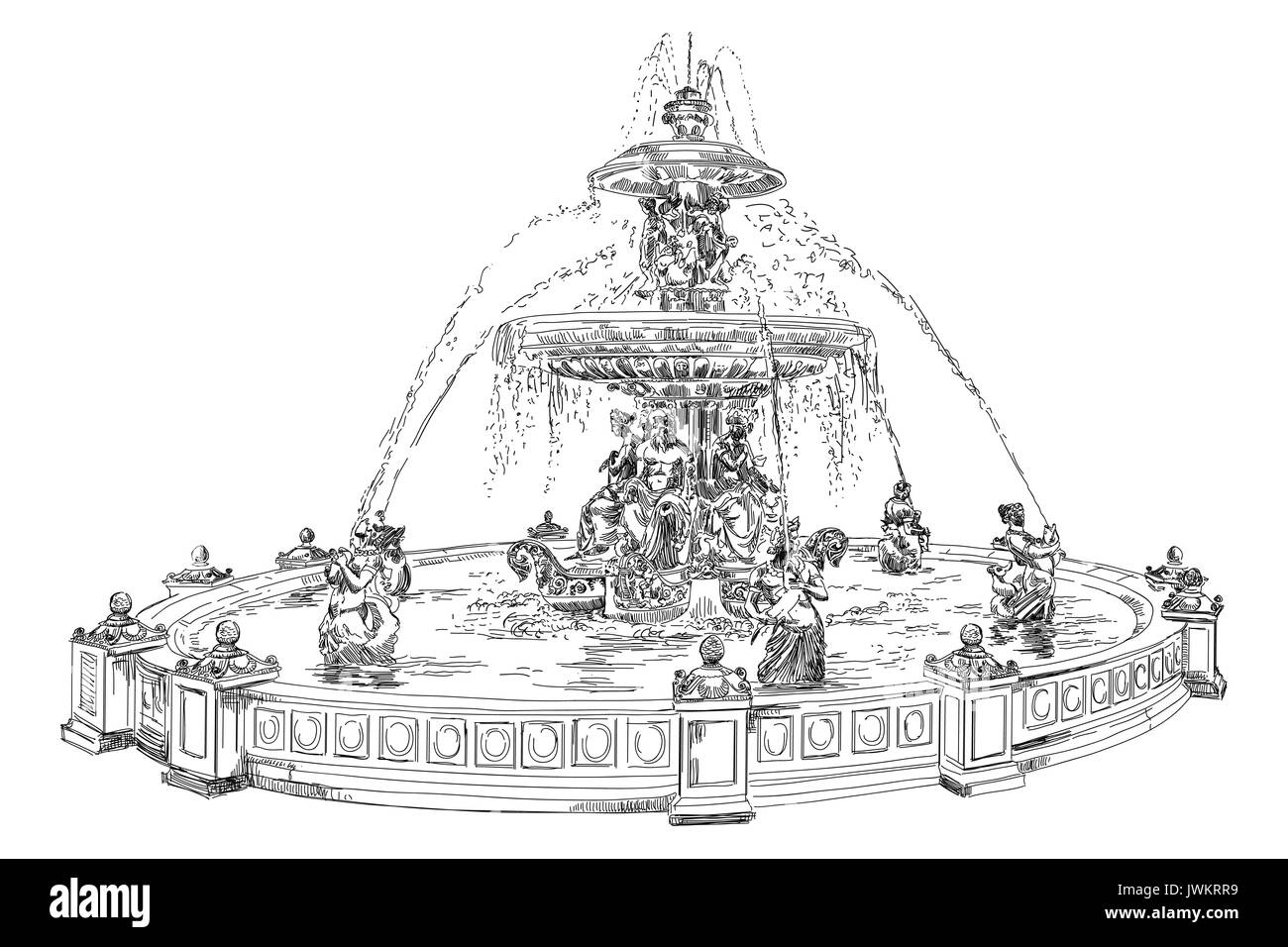 Fontaine à la place de la Concorde (monument de Paris) vector dessin illustration en couleur noir isolé sur fond blanc Illustration de Vecteur
