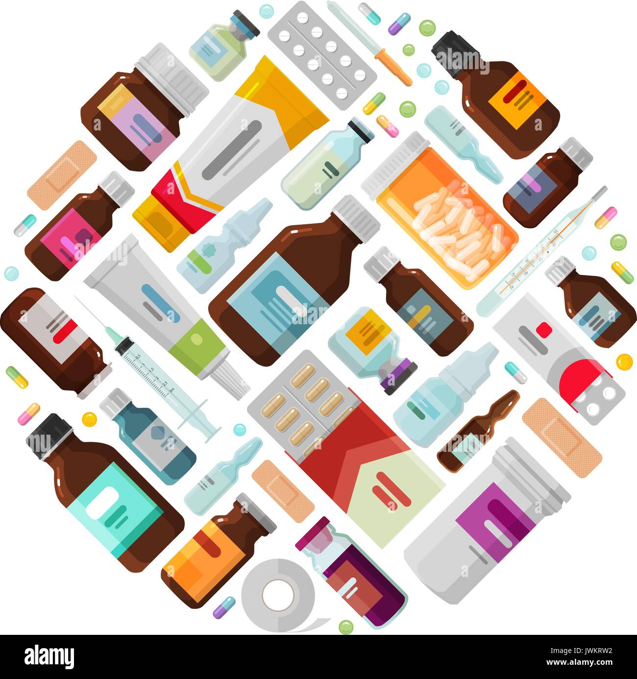 Concept de la médecine. Med, des médicaments, des bouteilles et des pilules d'icônes. Vector illustration Illustration de Vecteur