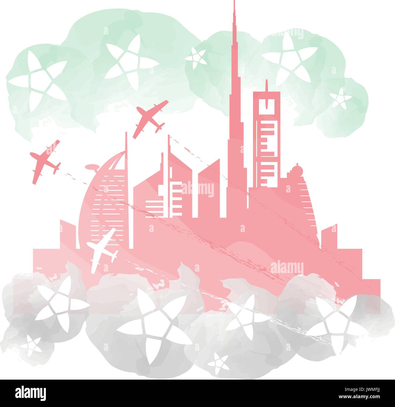 Dubaï cityscape with skyscrapers et points de repère et des avions de voltige de la scène en couleurs du drapeau des EAU vector illustration Illustration de Vecteur