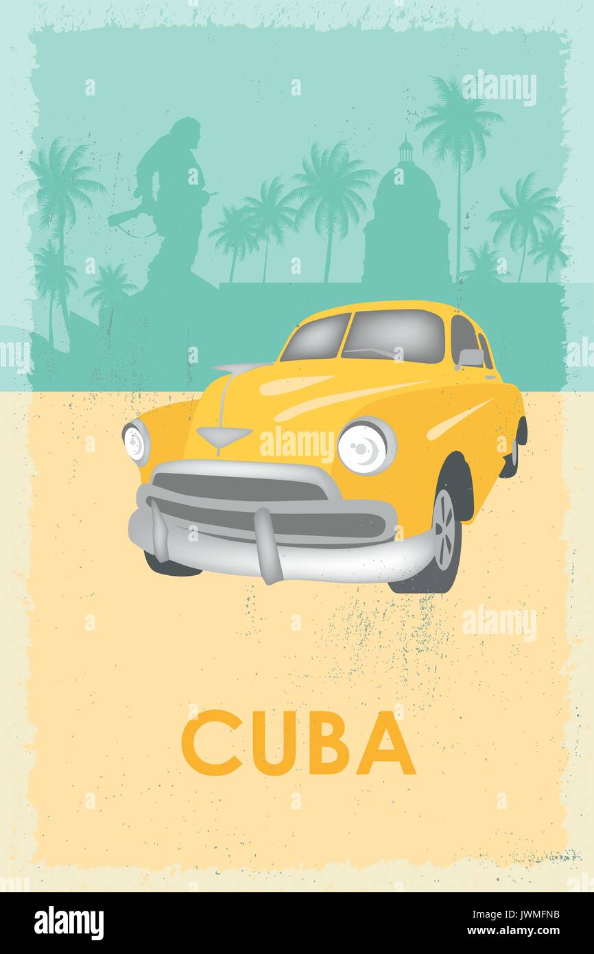 Symboles de voyage à Cuba - Capitol, vieille voiture, de palmiers, de Che Guevara monument. Poster rétro. Illustration de Vecteur