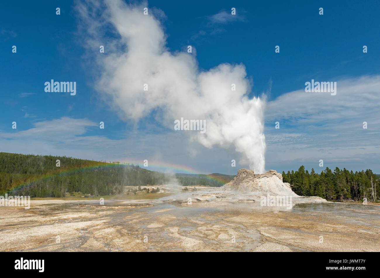 Le château majestueux Geyser montrant l'activité volcanique avec la vapeur d'eau en été avec un joli arc-en-ciel, le parc national de Yellowstone, Wyoming, USA. Banque D'Images