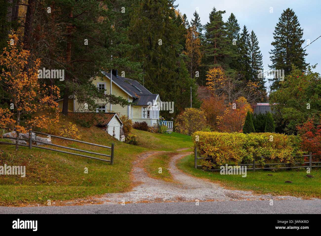 Du nord de l'Europe traditionnelle maison entourée de feuillage d'automne. L'Estonie. Banque D'Images