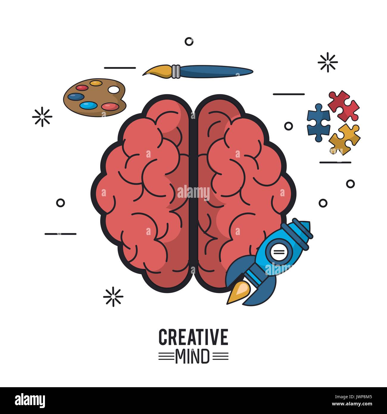 Affiche en couleurs de l'esprit créatif avec cerveau Vue de dessus ses deux hémisphères et 