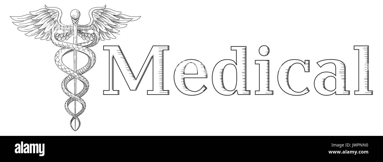Cadeus médecine médical médecin pharmacie ferme symbole. Vector hand drawn tho linéaire noir avec des ailes des serpents. épée Hôpital Logo élément. M Illustration de Vecteur