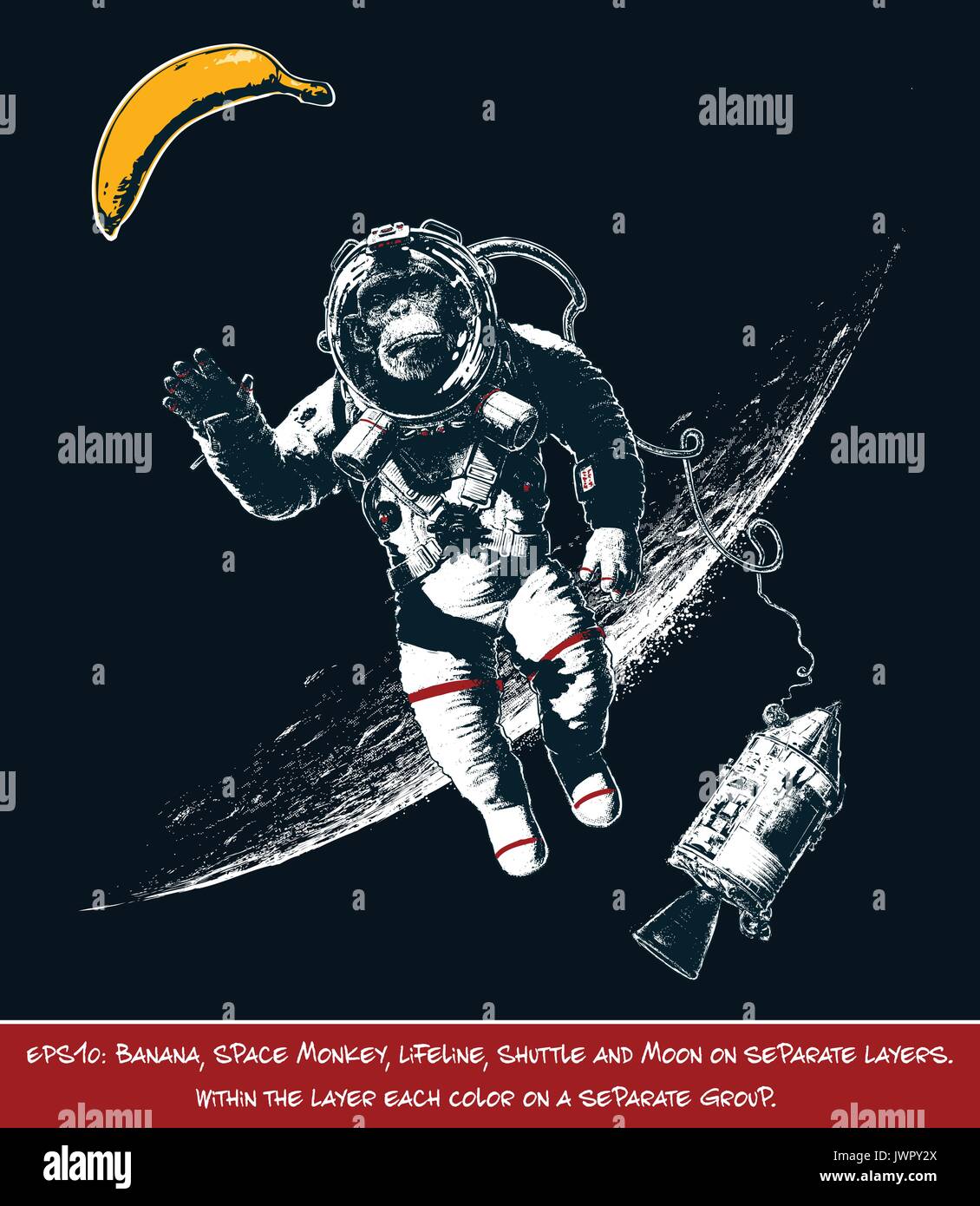 La main vectorisé illustration conceptuelle de l'espace pour atteindre le singe banane. Singe de l'espace, banane, Lifeline, navette et Lune sur Laye séparée Illustration de Vecteur