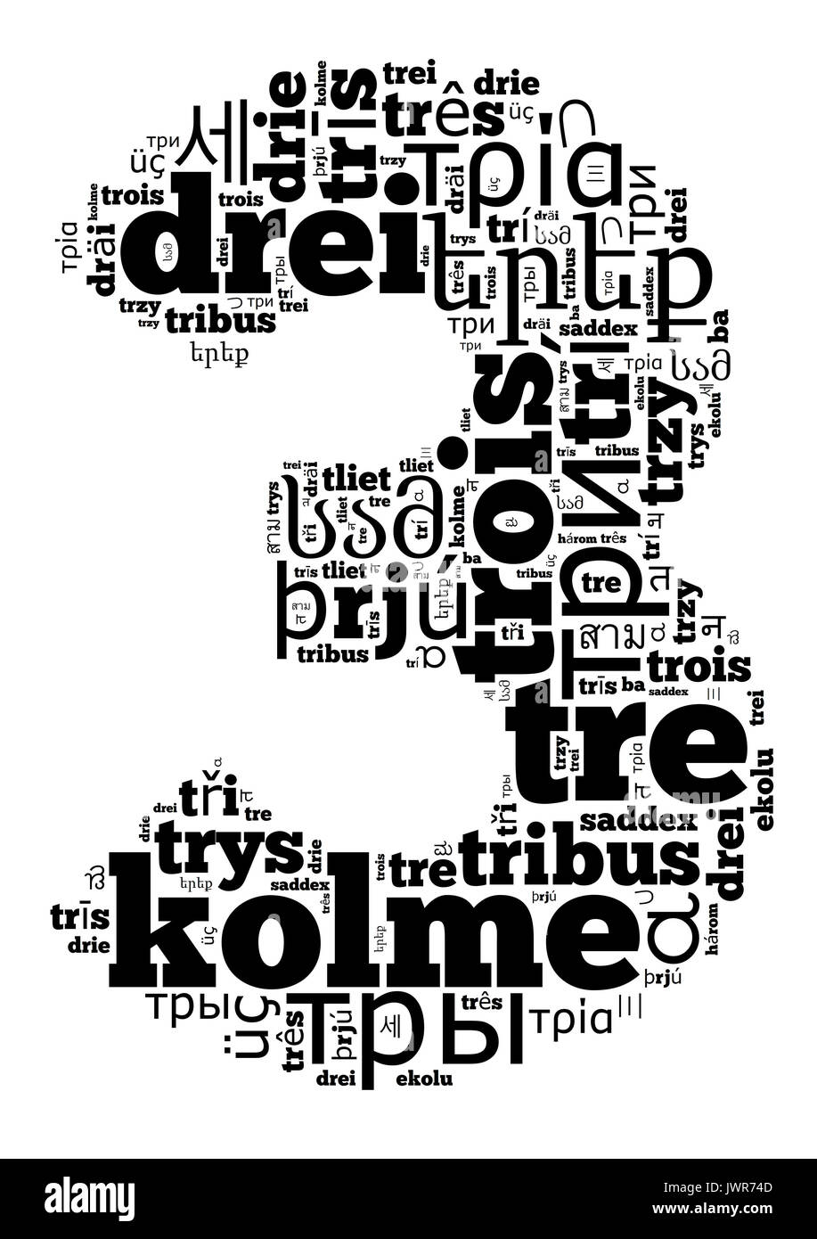 Numéro trois dans différentes langues wordcloud concept texte Banque D'Images