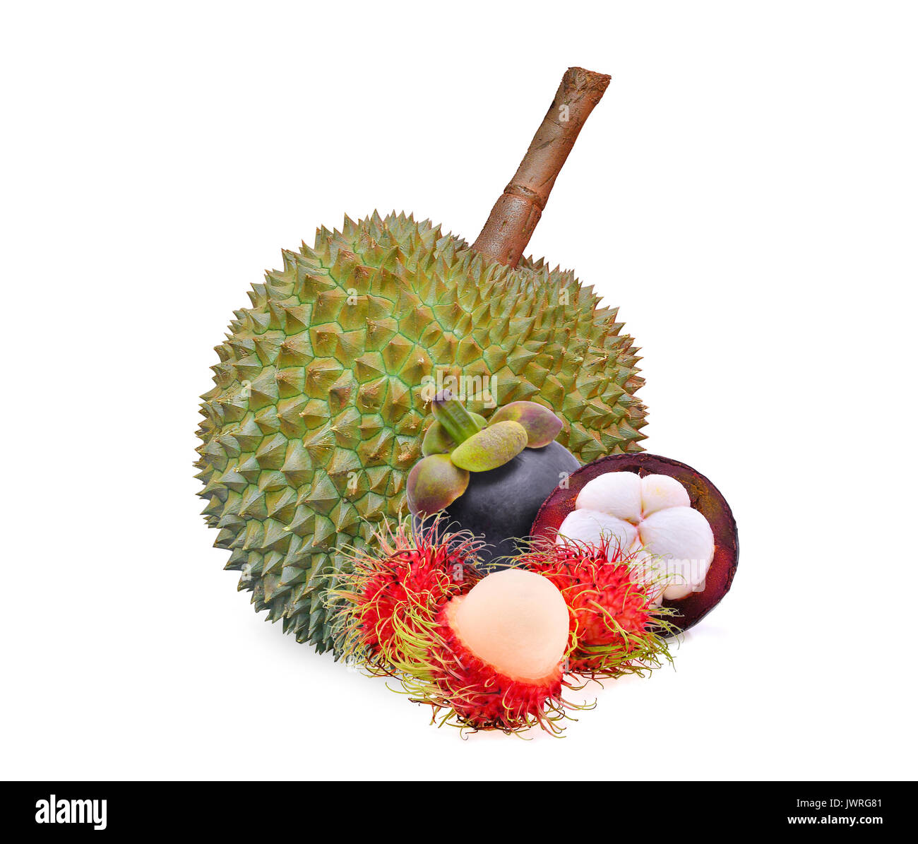 Ramboutan, le mangoustan et le durian, fruit tropical isolé sur fond blanc Banque D'Images