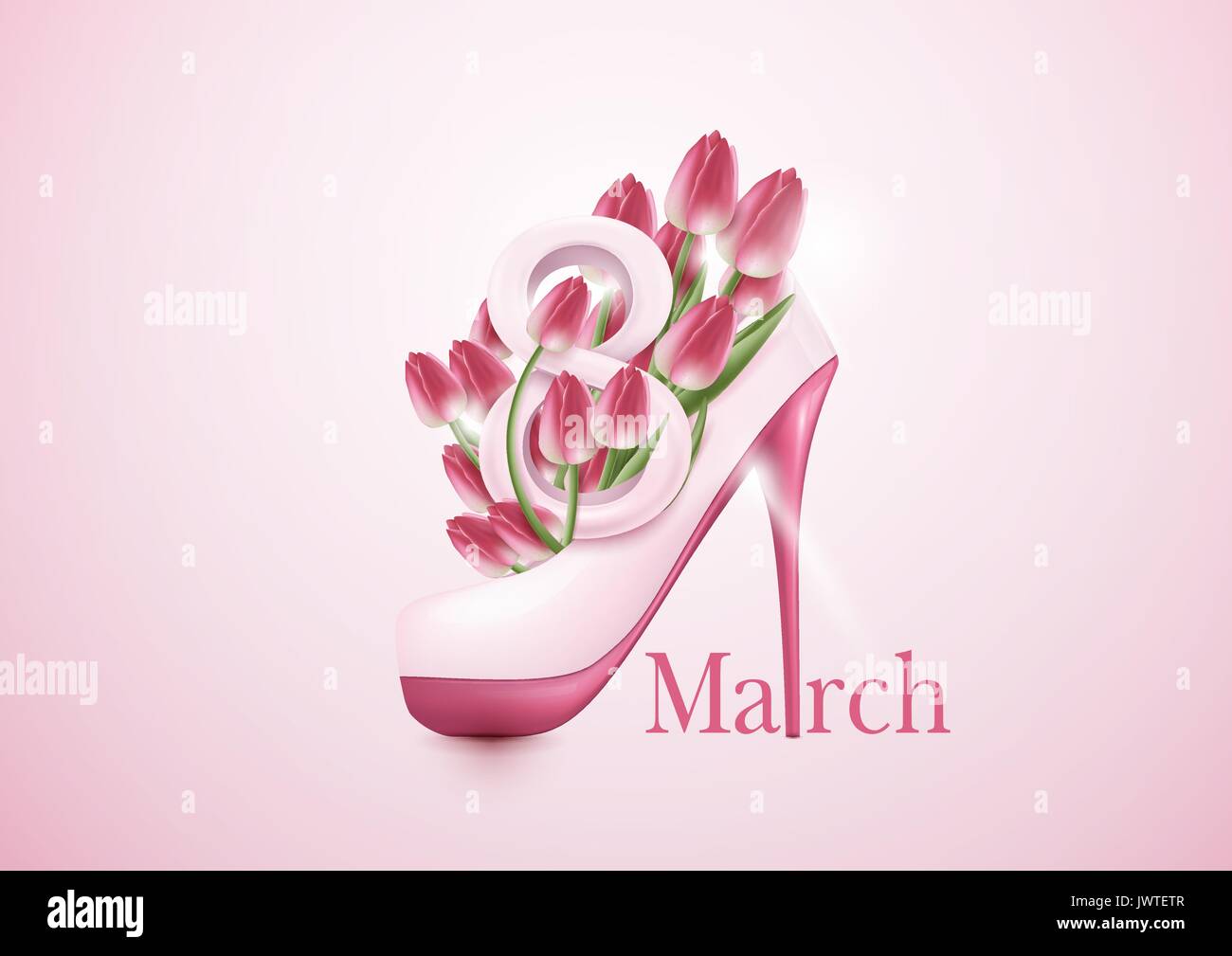 8 Mars Journee De La Femme Modele De Carte De Vœux Concept Tulip Fleurs Et Chaussures Haute Hee Image Vectorielle Stock Alamy