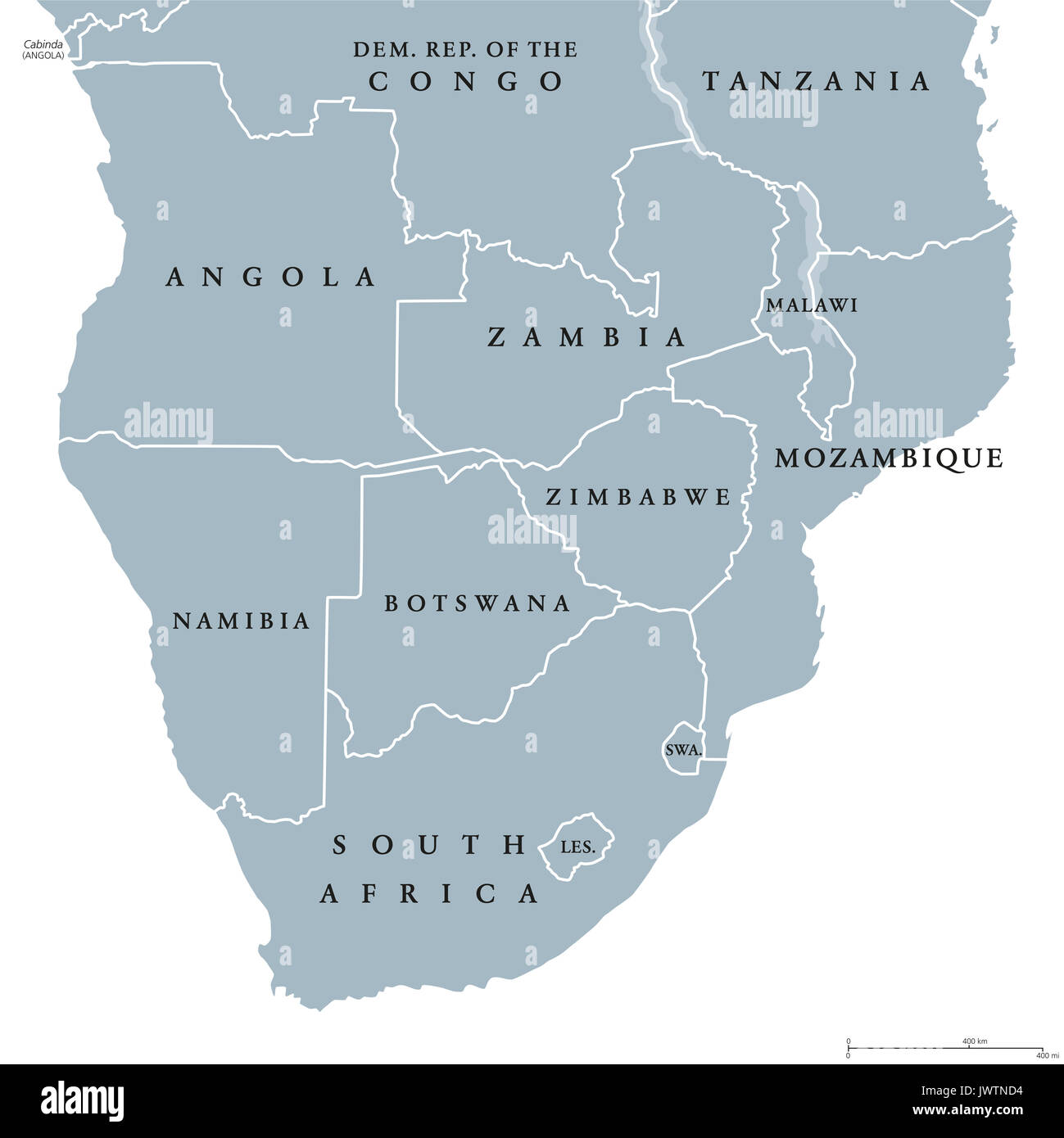 L'Afrique du Sud politique tracer des frontières des pays et l'anglais à l'étiquetage. La région la plus méridionale du continent africain. L'illustration. Banque D'Images