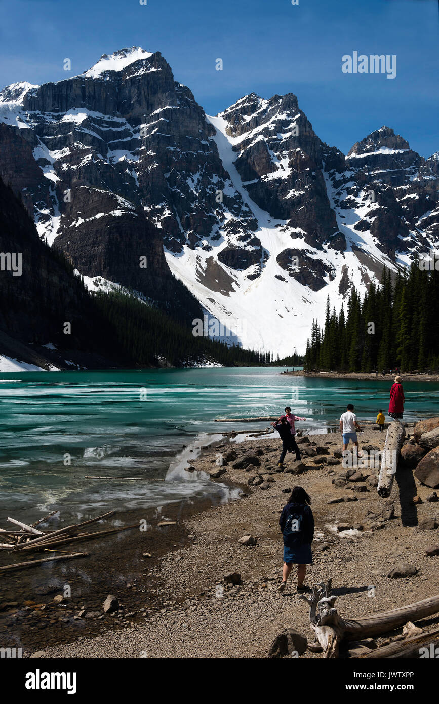 Les magnifiques eaux vert de Lac Moraine, dans le parc national Banff Canadian Rockies Alberta Canada Banque D'Images