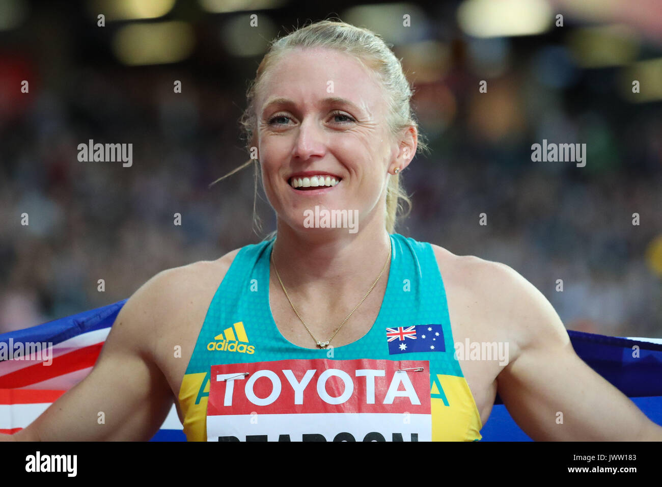 Londres, Royaume-Uni. 12Th Aug 2017. Sally Pearson, l'Australie, vainqueur du 100m haies femmes définitif le jour 9 de l'IAAF 2017 Championnats du monde de Londres au London Stadium. Crédit : Paul Davey/Alamy Live News Banque D'Images