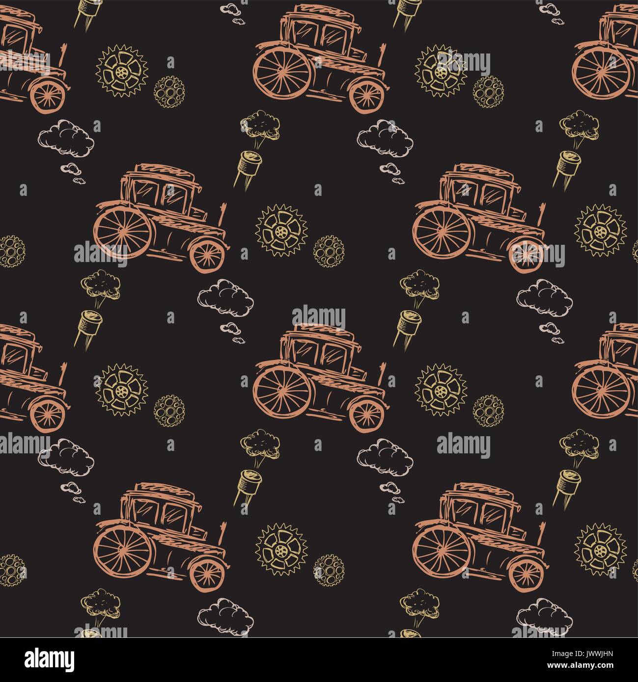 Modèle sans couture avec Steampunk vieille voiture . Dessin à la main. Motif transparent peut être utilisé pour le papier peint, trames, page web d'artifices, surface textu Illustration de Vecteur