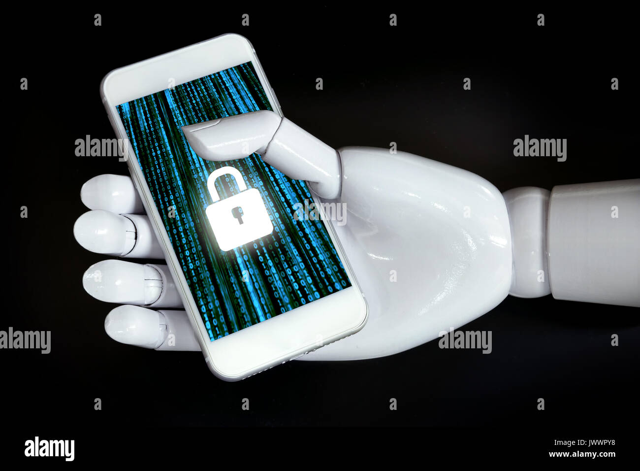 Réseau de cyber-sécurité et de l'intelligence artificielle concept technologique. La main à l'aide du robot téléphone mobile avec connexion réseau clé maître du monde virtuel Banque D'Images