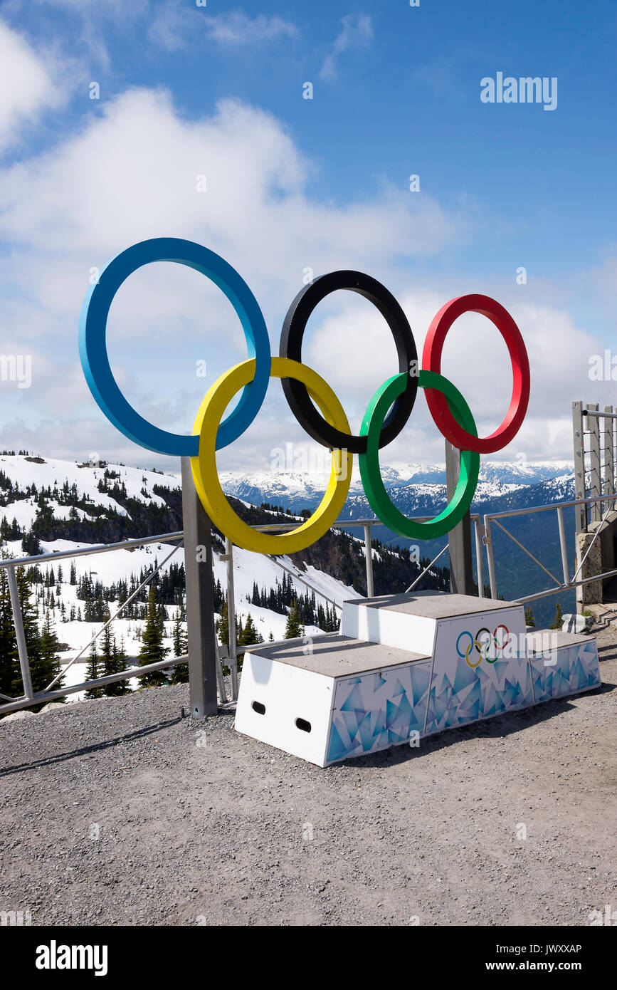 Les anneaux olympiques et Podium pour les Jeux Olympiques d'hiver 2010 au Roundhouse Terrasse et terrasse panoramique Mont Whistler British Columbia Canada Banque D'Images