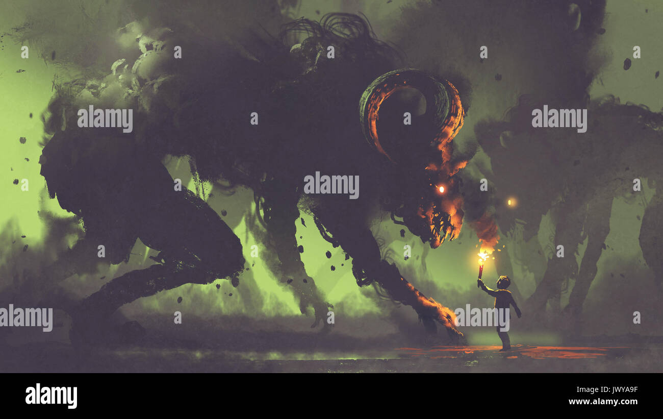 Dark fantasy concept montrant le garçon avec une torche face à des monstres de fumée avec des cornes de démon, art numérique, peinture style illustration Banque D'Images
