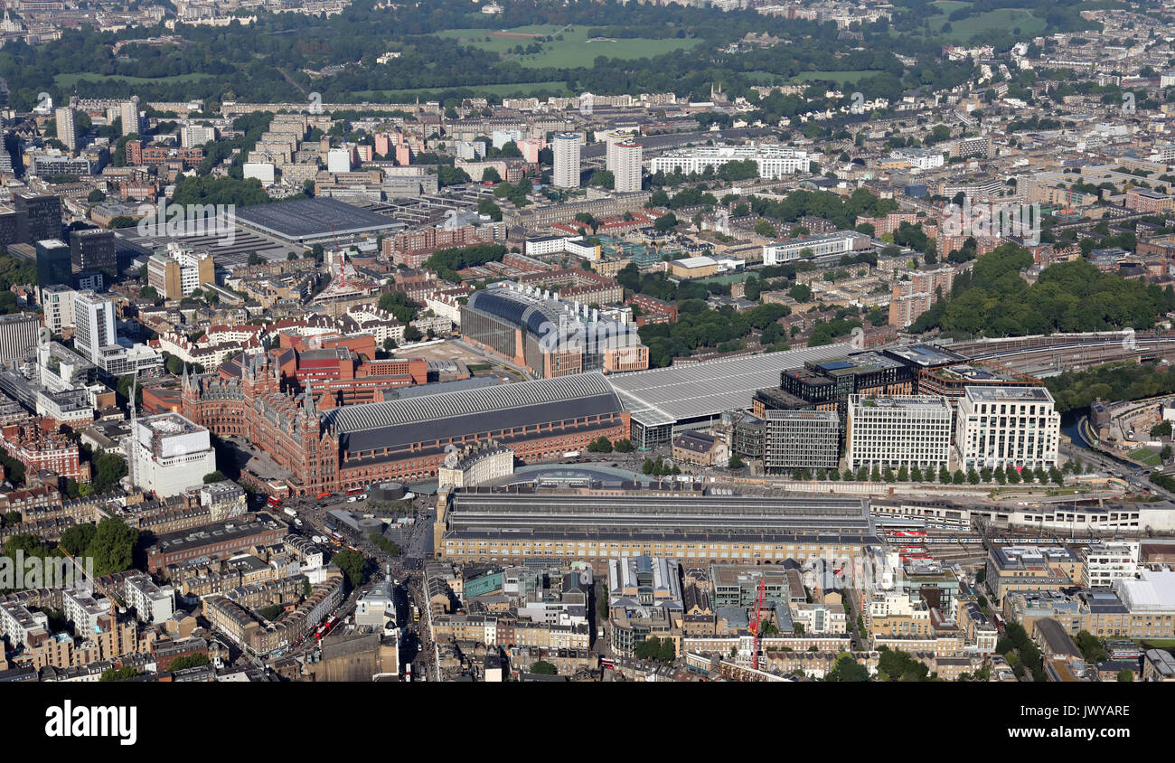 Vue aérienne de St Pancras et Kings Cross gares, Londres, Royaume-Uni Banque D'Images