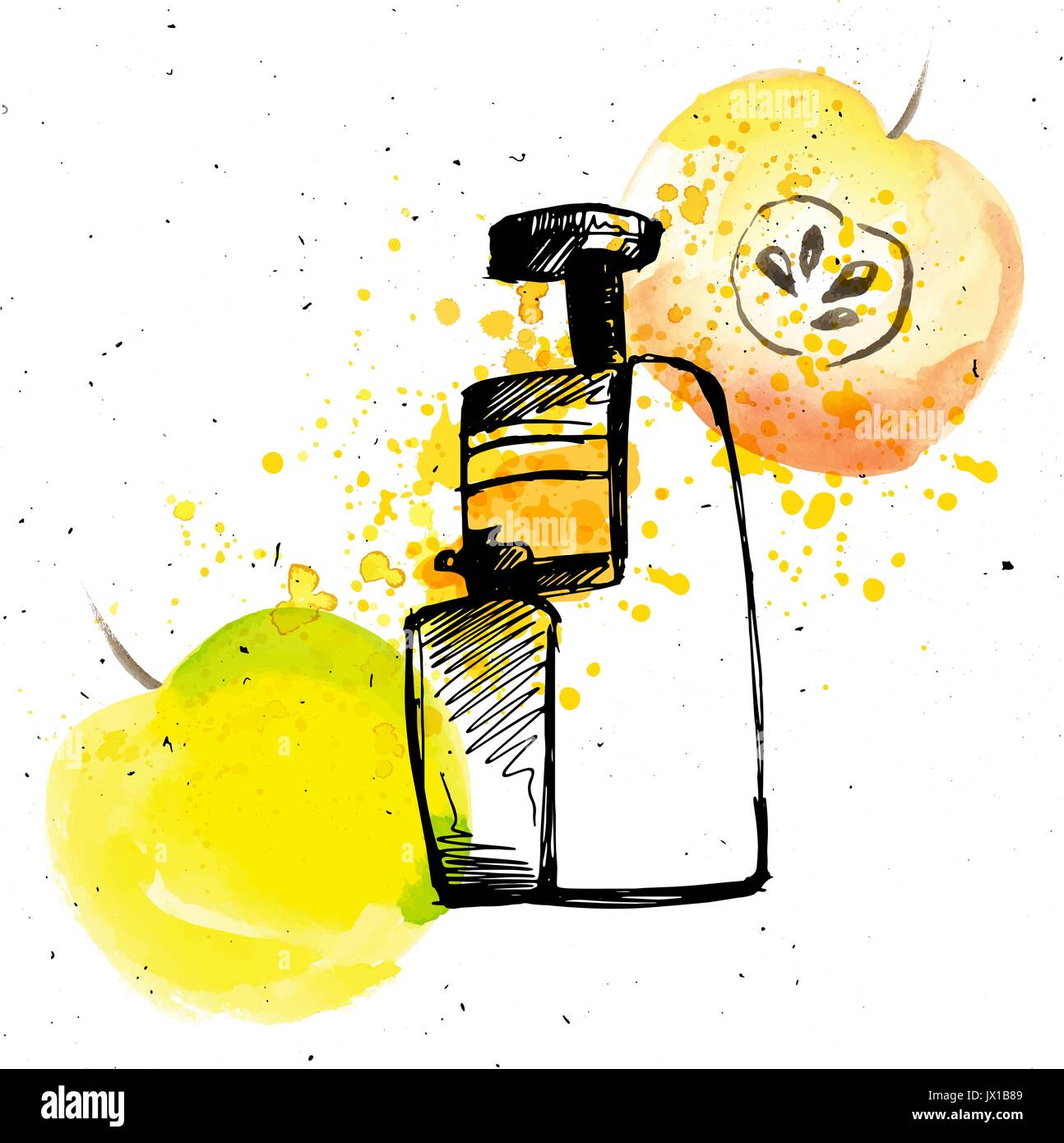 Centrifugeuse avec Apple. Le jus de pomme avec centrifugeuse et éclaboussures, sketch part attirer l'illustration avec éléments d'aquarelle Illustration de Vecteur