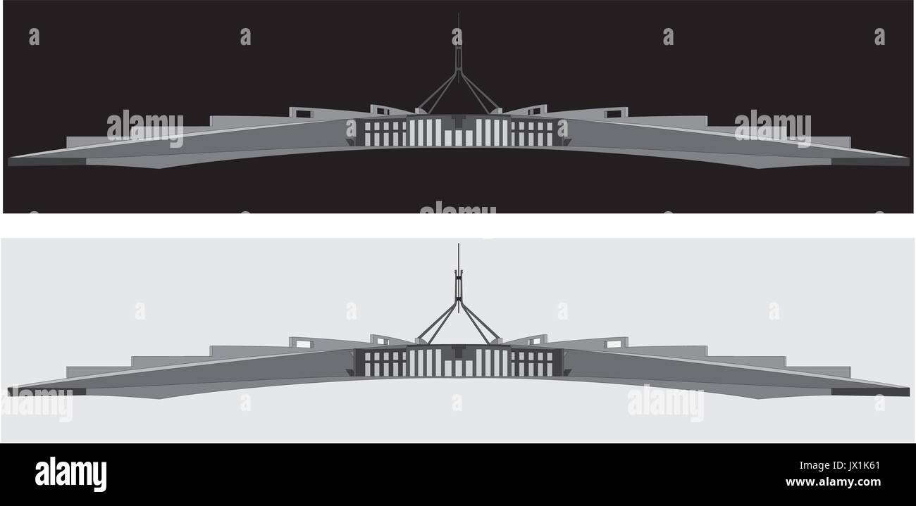 Une silhouette en noir et blanc de la maison du parlement australien, à Canberra Illustration de Vecteur