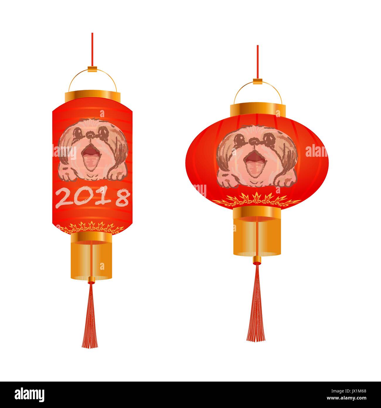 Ensemble de lampions orange avec un portrait d'un chien. En 2018. Rond et formes cylindriques. Illustration isolé. Illustration de Vecteur