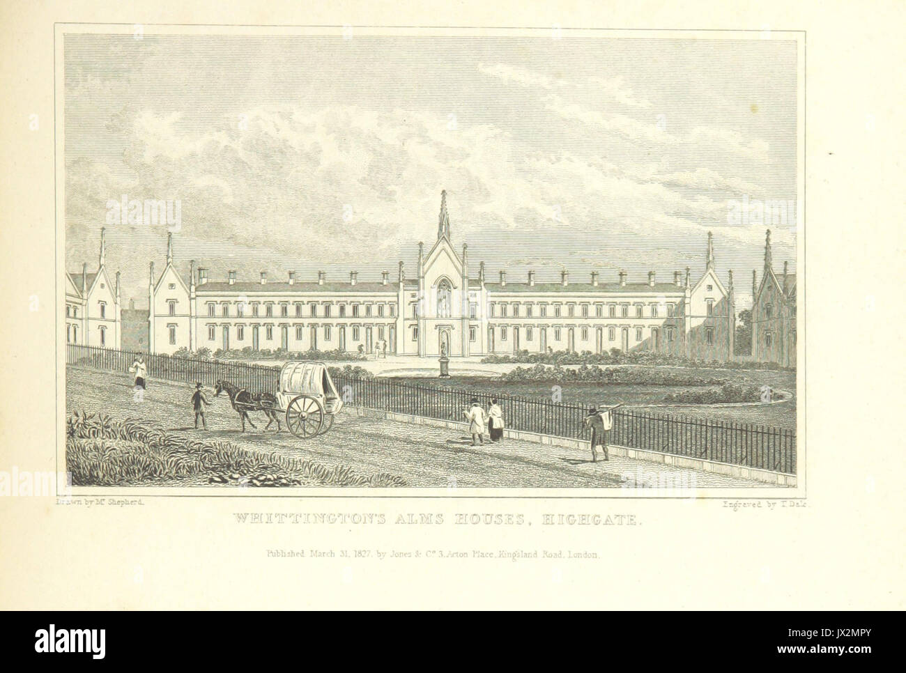 L'ALMS, Maisons Whittington Highgate Shepherd, Metropolitan Améliorations (1828), p323 Banque D'Images