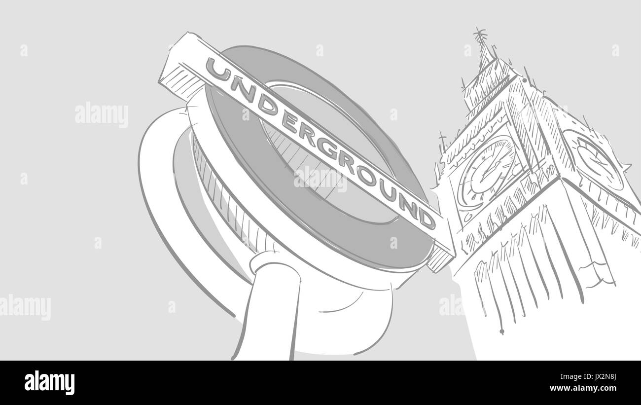 Big Ben et gris Underground sign vector handdrawn, sketch, se concentrer sur le symbole de la station de métro Illustration de Vecteur