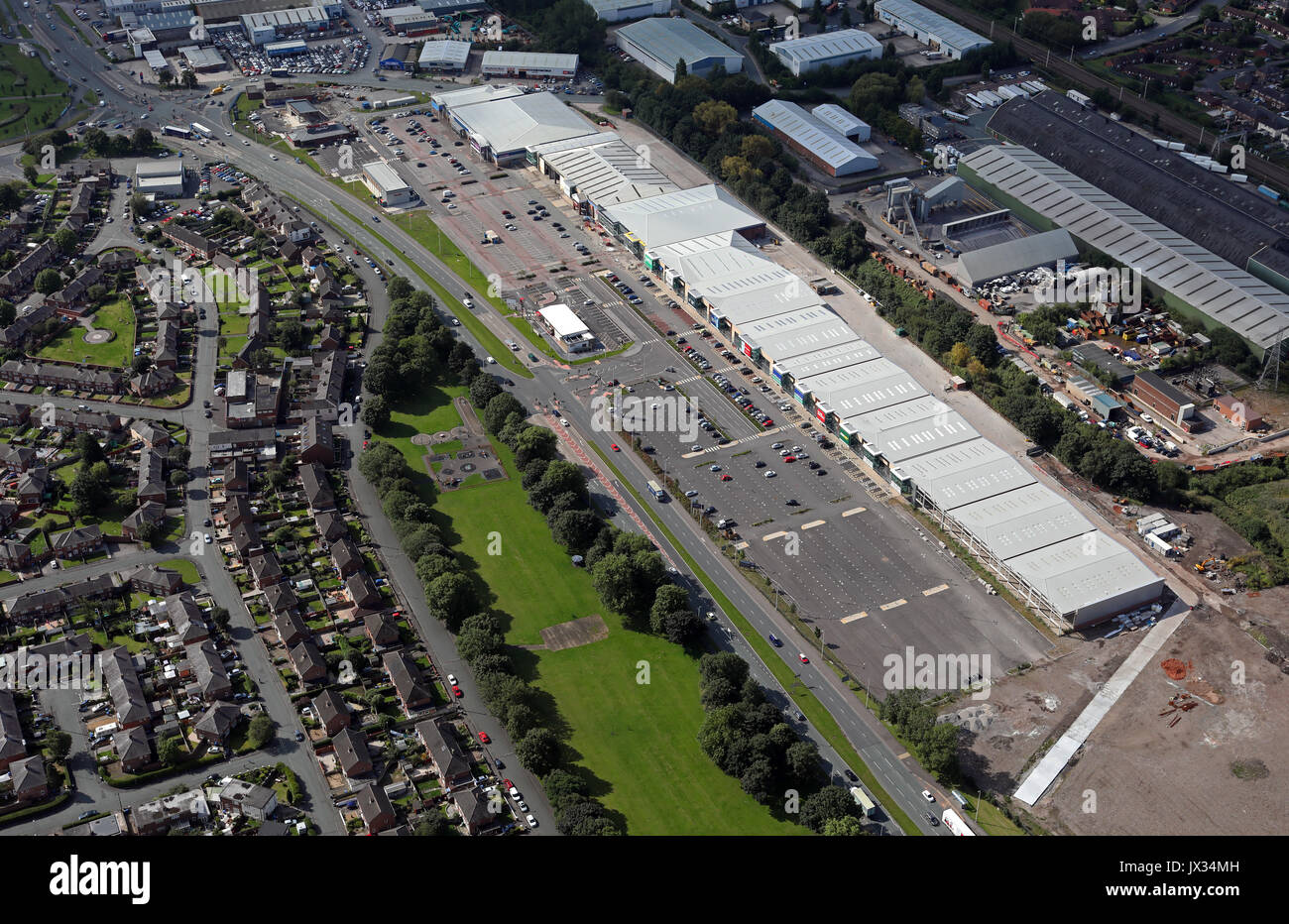 Vue aérienne de Warrington Junction 9 Retail Park & Alban Retail Park UK Banque D'Images