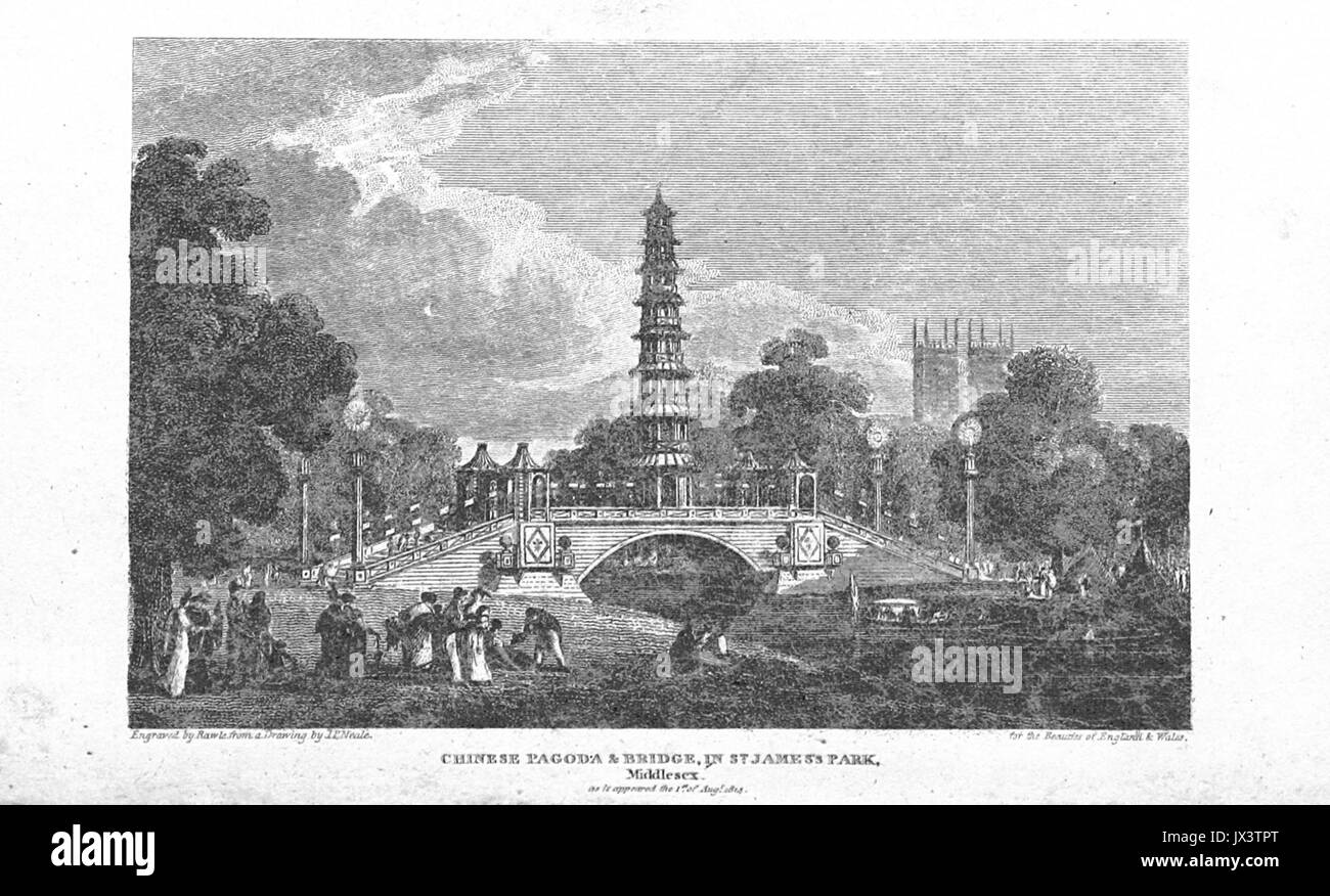 Brayley(1820) p2 008 pagode chinoise et le pont, à St James's Park Banque D'Images