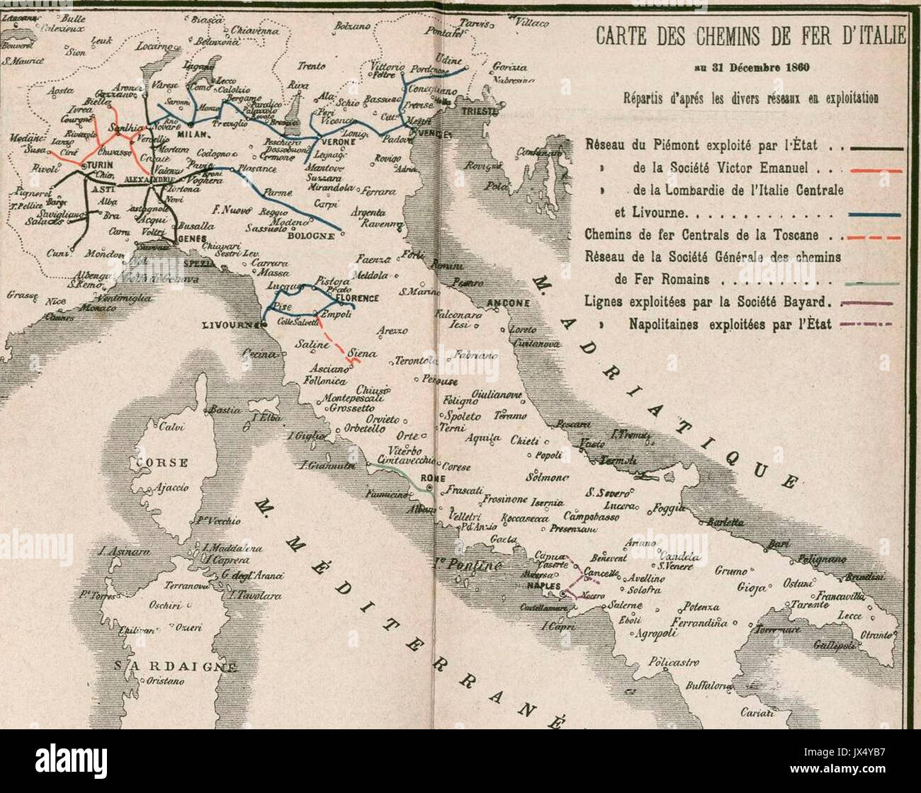 Mappa ferrovie Italiane al 1860 Banque D'Images