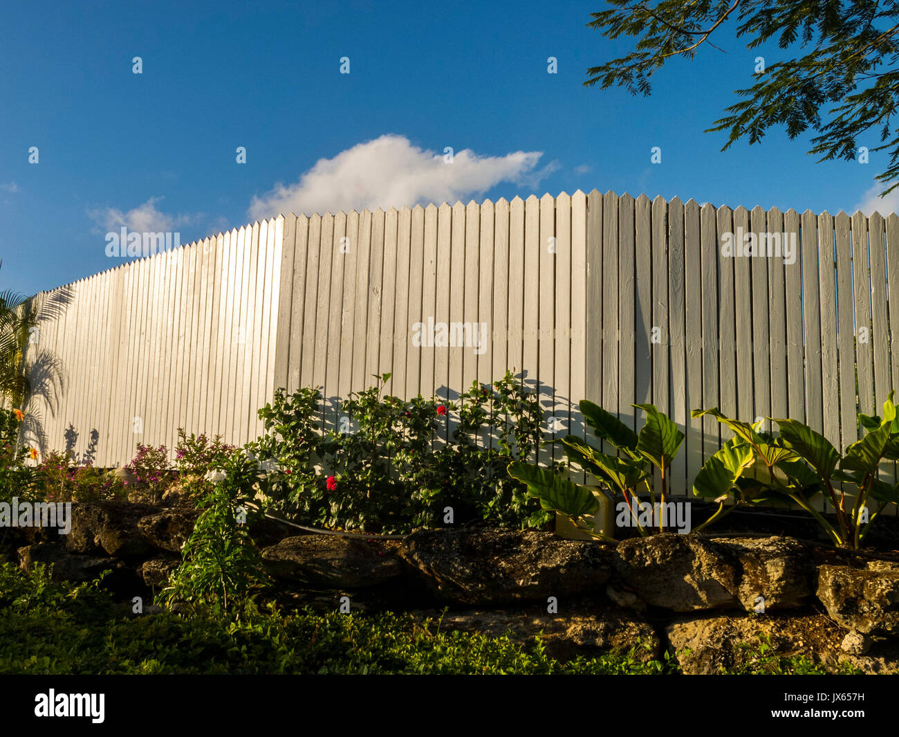 Clôture blanche contre un ciel bleu à la Barbade, les îles des Caraïbes Banque D'Images