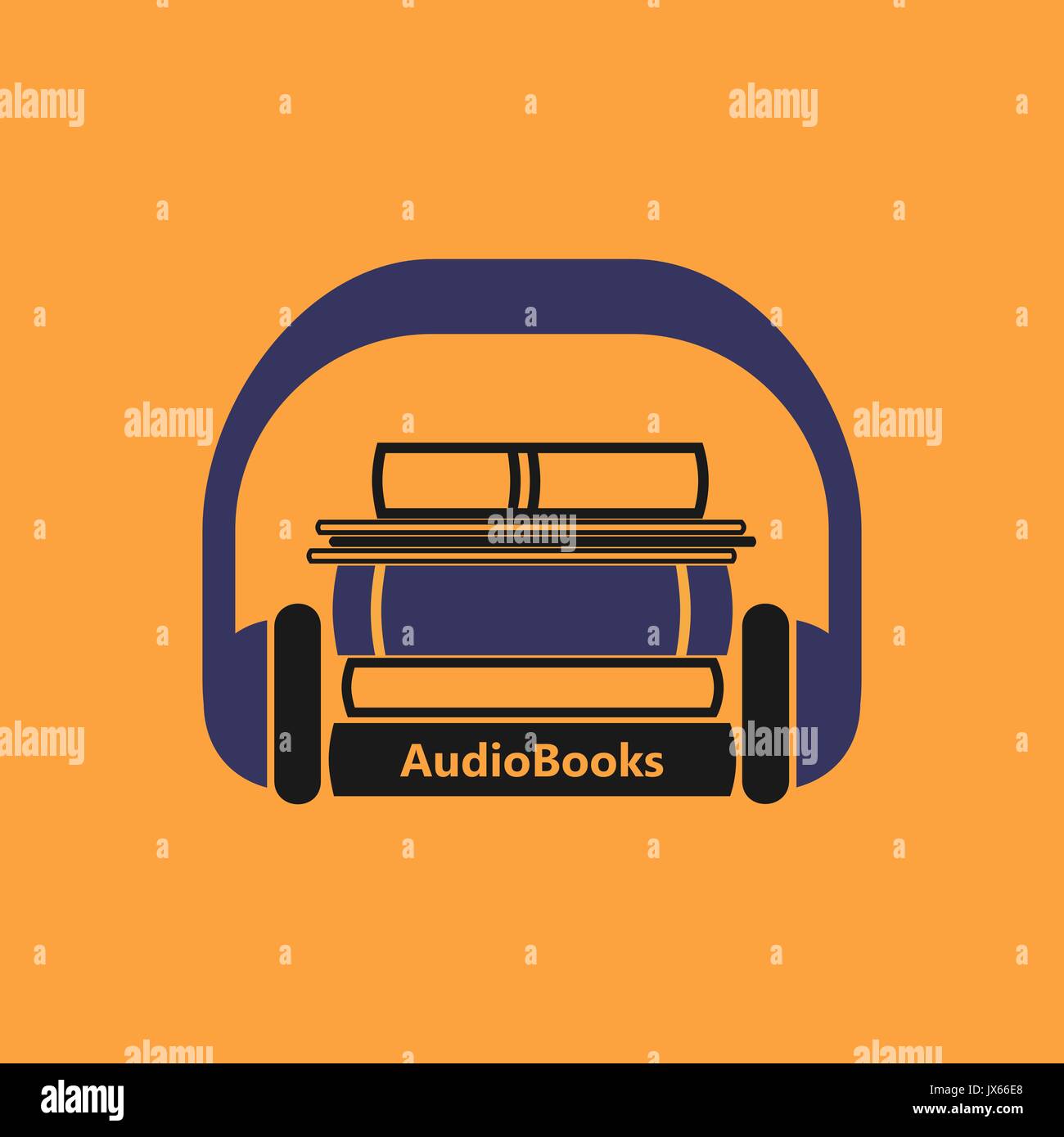 Logo des livres audio. Vecteur stylisé de l'emblème de livres avec casque sur un fond orange. Illustration de Vecteur
