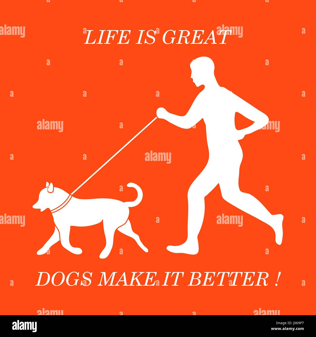 Silhouette of man jogging avec chien en laisse. L'élément de conception de bannière, carte postale, flyer. Illustration de Vecteur