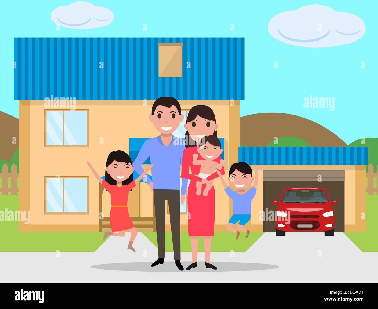 Vector cartoon happy family ont acheté une nouvelle maison Illustration de Vecteur